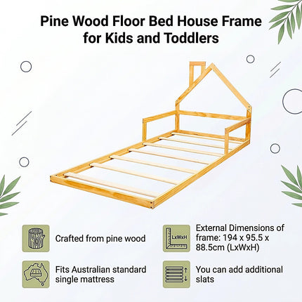 Pine Wood Floor Bed House Frame for Kids and Toddlers.