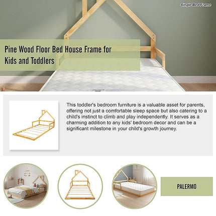 Pine Wood Floor Bed House Frame for Kids and Toddlers.