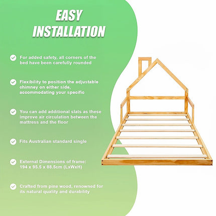 Pine Wood Floor Bed House Frame for Kids and Toddlers.