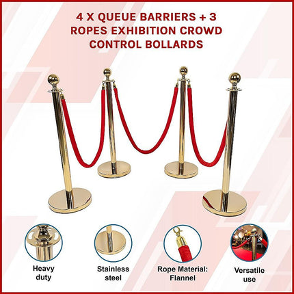 4 x Queue Barriers + 3 Ropes Exhibition Crowd Control Bollards.