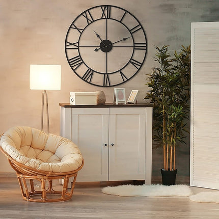 60cm Industrial Large Wall Clock, Round Metal Wall Clocks Roman Numerals Style.