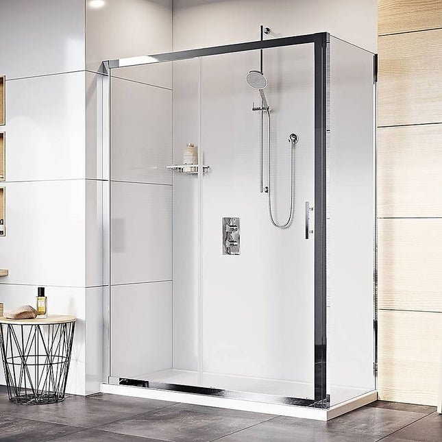 Adjustable 1800x1010mm Single Door Corner Sliding Glass Shower Screen in Chrome.