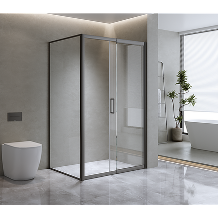 100x70cm Corner Frameless Shower Screen – Gunmetal Wall Channel and Floor Channel with Brass Hinges for Elegant Bathrooms.
