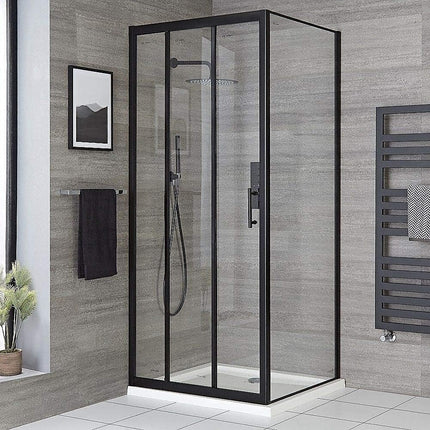 Adjustable 1300x920mm Single Door Corner Sliding Glass Shower Screen in Black.