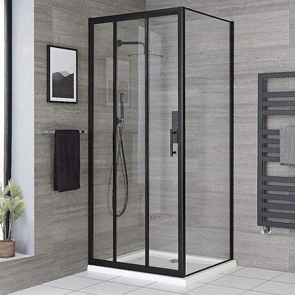 Adjustable 1300x1010mm Single Door Corner Sliding Glass Shower Screen in Black.