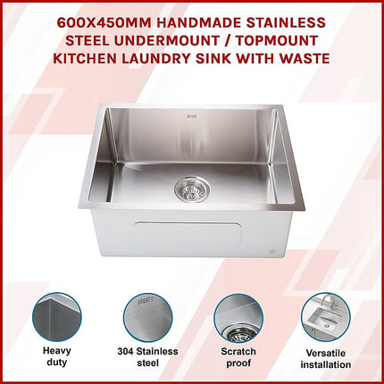 600x450mm Handmade 1.5mm 16 Gauge Stainless Steel Kitchen Laundry Sink with Waste