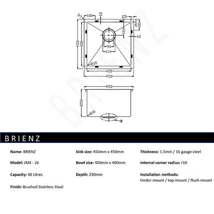 450x450mm Handmade Stainless Steel Undermount / Topmount Kitchen Laundry Sink with Waste.
