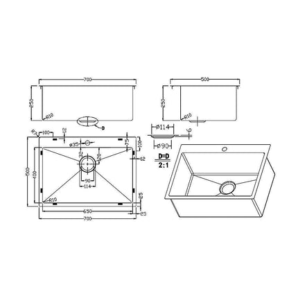 700x500mm Handmade Stainless Steel Undermount / Topmount Kitchen Laundry Sink with Waste.