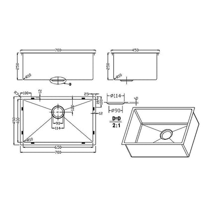 700x450mm Handmade Stainless Steel Undermount / Topmount Kitchen Laundry Sink with Waste.
