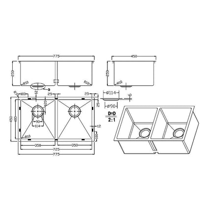 775x450mm Handmade Stainless Steel Undermount / Topmount Kitchen Laundry Sink with Waste.
