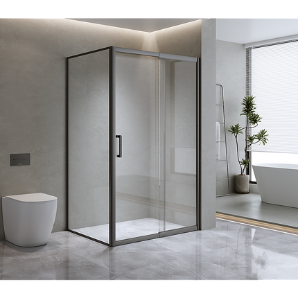 150mm Adjustable (2000x920mm) Single Door Corner Sliding Glass Shower Screen in Black.