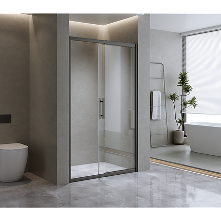 130-140cm Adjustable Wall to Wall Sliding Glass Shower Door in Black.