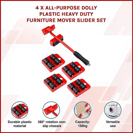 4 X All-purpose Dolly Plastic Heavy Duty Furniture Mover Slider Set.