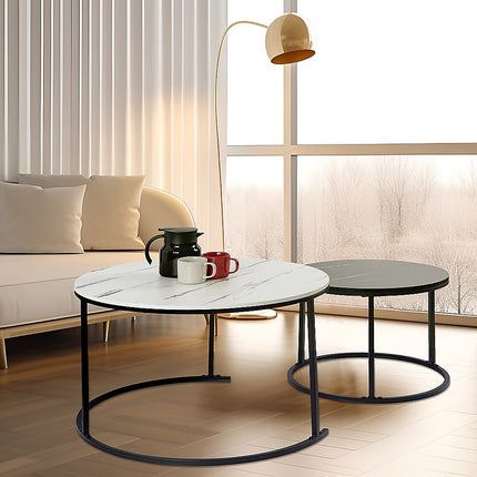 Set of 2 Coffee Table Round Marble Nesting Side End Table Furniture.
