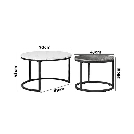 Set of 2 Coffee Table Round Marble Nesting Side End Table Furniture.
