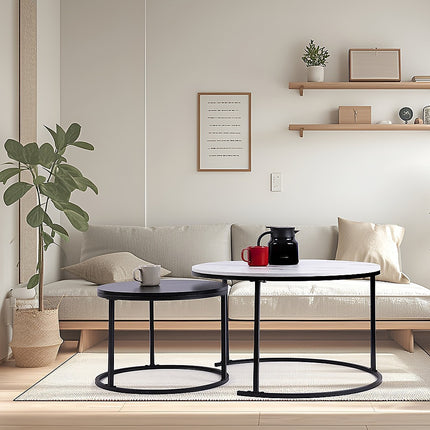Set of 2 Coffee Table Round Marble Nesting Side End Table Furniture.