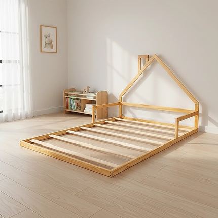 Pine Wood Floor Bed House Frame for Kids and Toddlers.