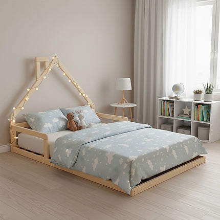 Pine Wood Floor Bed House Frame for Kids and Toddlers.