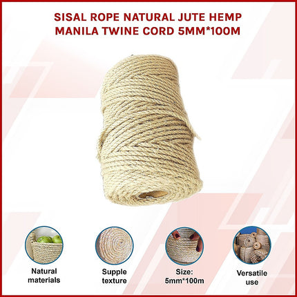 Sisal Rope Natural Jute Hemp Manila Twine Cord 5mm*100m.