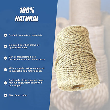Sisal Rope Natural Jute Hemp Manila Twine Cord 5mm*100m.