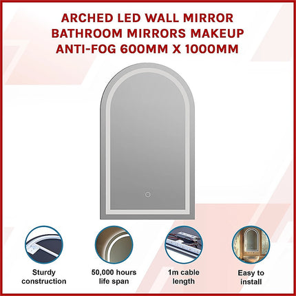 Arched LED Wall Mirror Bathroom Mirrors Makeup Anti-fog 600mm x 1000mm.