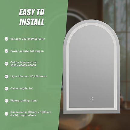 Arched LED Wall Mirror Bathroom Mirrors Makeup Anti-fog 600mm x 1000mm.