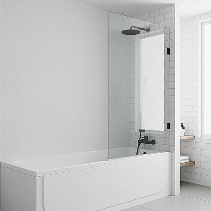 90cm Frameless Swing Bath Screen – Brushed Nickel Hardware with Brass hinge for Modern Bathrooms.