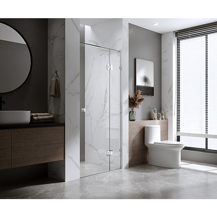110cm Frameless Wall-to-Wall Shower Screen with Nickel U-Brackets , Brass Hinges & Square Double Pull Handle.