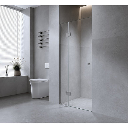 90cm Wall-to-Wall Frameless Shower Screen – Nickel Wall Channel and Floor Channel with Brass Hinges & Square Knob Handle.
