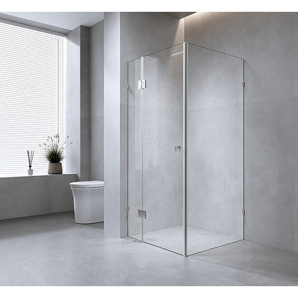 110x100cm Corner Frameless Shower Screen with Gunmetal F-Brackets and SS Hinges, Square Knob Handle.