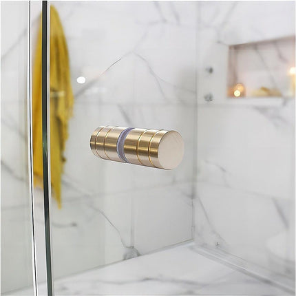 100x90cm Corner Frameless Shower Screen – Gold Wall Channel and Floor Channel with Brass Hinges & Round Knob Handle.
