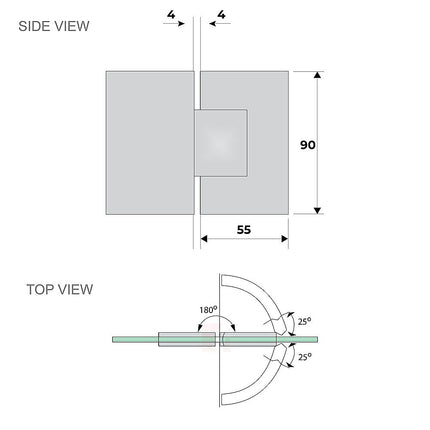 100x80cm Corner Frameless Shower Screen – Gunmetal Wall Channel with Brass Hinges & Square Double Pull Handle.