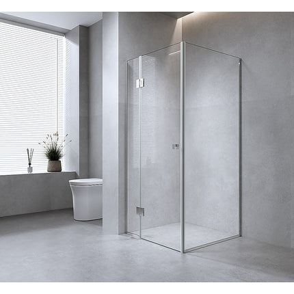 110x90cm Corner Frameless Shower Screen – Gunmetal Wall Channel and Floor Channel with Brass Hinges & Square Double Pull Handle.
