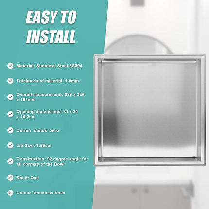 336 x 336 x 101mm Shower Niche Single Shelf Organizer No Tile Needed in Stainless Steel Finish.