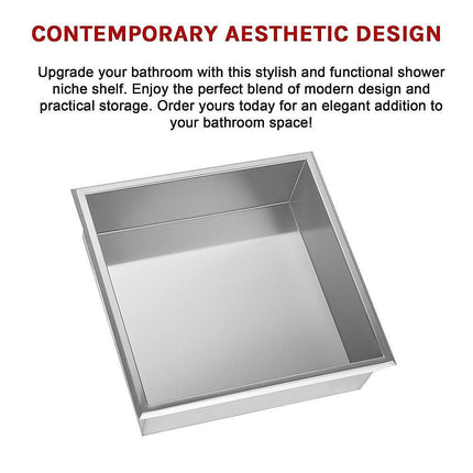 336 x 336 x 101mm Shower Niche Single Shelf Organizer No Tile Needed in Stainless Steel Finish.