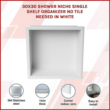 336 x 336 x 101mm Shower Niche Single Shelf Organizer No Tile Needed in White.