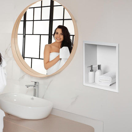 336 x 336 x 101mm Shower Niche Single Shelf Organizer No Tile Needed in White.