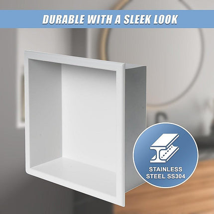 336 x 336 x 101mm Shower Niche Single Shelf Organizer No Tile Needed in White.