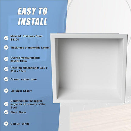 336 x 336 x 101mm Shower Niche Single Shelf Organizer No Tile Needed in White.