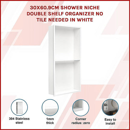 641 x 336 x 101mm Shower Niche Double Shelf Organizer No Tile Needed in White.