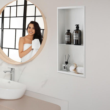 641 x 336 x 101mm Shower Niche Double Shelf Organizer No Tile Needed in White.
