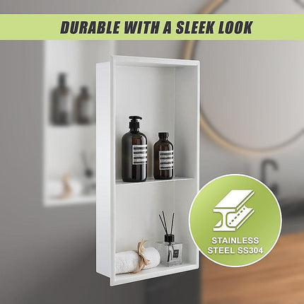 641 x 336 x 101mm Shower Niche Double Shelf Organizer No Tile Needed in White.