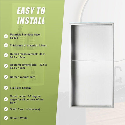 641 x 336 x 101mm Shower Niche Double Shelf Organizer No Tile Needed in White.