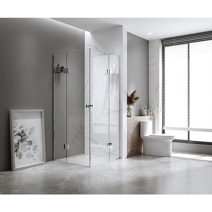 90x90cm Double Door Corner Shower Screen – Wall Channels with SS Hinges in Gunmetal, Round Handle.