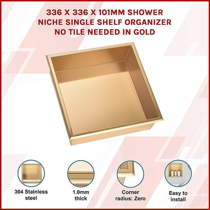 336 x 336 x 101mm Shower Niche Single Shelf Organizer No Tile Needed in Gold.