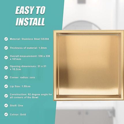 336 x 336 x 101mm Shower Niche Single Shelf Organizer No Tile Needed in Gold.