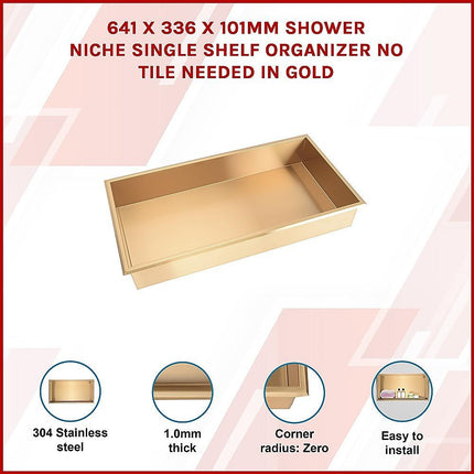 641 x 336 x 101mm Shower Niche Single Shelf Organizer No Tile Needed in Gold.