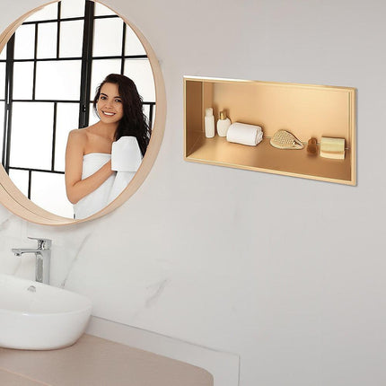 641 x 336 x 101mm Shower Niche Single Shelf Organizer No Tile Needed in Gold.