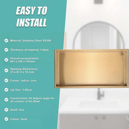 641 x 336 x 101mm Shower Niche Single Shelf Organizer No Tile Needed in Gold.