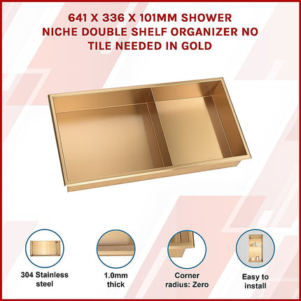 641 x 336 x 101mm Shower Niche Double Shelf Organizer No Tile Needed in Gold.